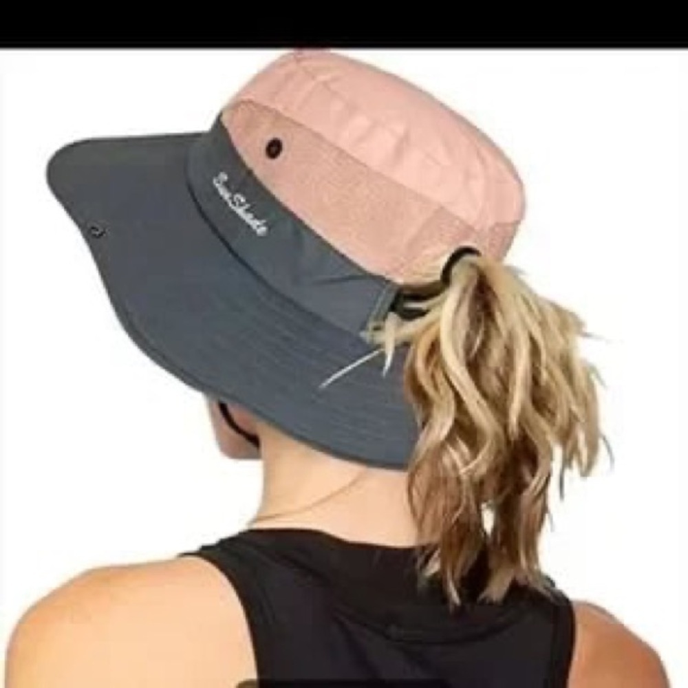 Sun Shade Brim Hat Beach Gardening Pink & Gray Ponytail Hole Snaps on Brim O/S